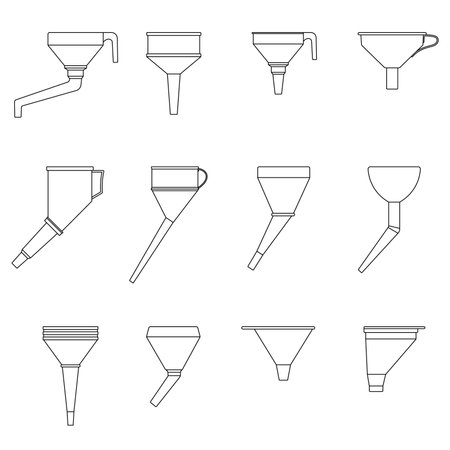 Funnel linear icons set. Funnel for gasoline and other liquids. Car watering icon. vector illustration.のイラスト素材