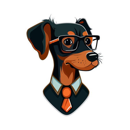 Dog head logo design. Abstract colorful dog head. Smart dog in glasses. vector illustrationのイラスト素材