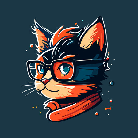 Cat head logo design. Abstract drawing of a cute cat head. Smart cat in glasses. vector illustrationのイラスト素材