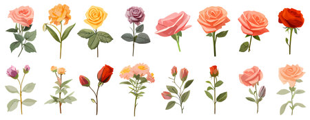 Flower icons set. Collection of colorful flowers on white background. Various flowers in flat design. Vector illustrationのイラスト素材