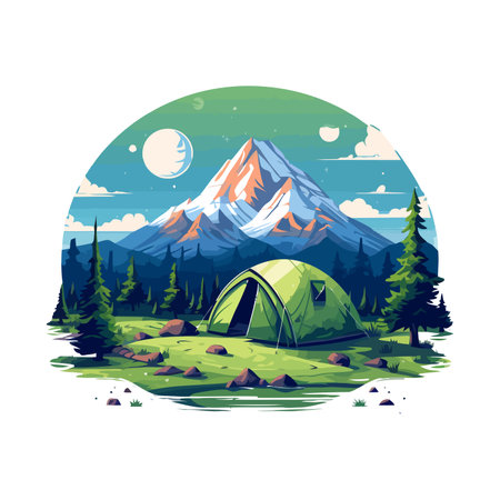 Camping in the mountains. Image of camping tent in the forest. Mountains landscape. Vector illustration. Generated AIのイラスト素材