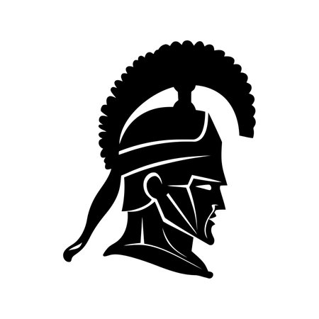 Knight warrior helmet. Black icon of Roman soldier or gladiator in helmet. Vector illustrationのイラスト素材