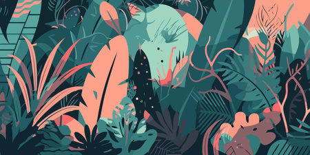 Creative background made of tropical leaves. Jungle plants. Tropical backdrop. Vector illustration.のイラスト素材