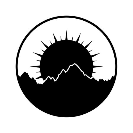 Sun behind the mountains. Mountains with the sun behind them. Vector illustration.のイラスト素材