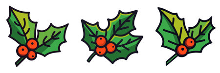 Christmas holly berry leaves icon. Cartoon Christmas icons set. Hand drawn Christmas plant. Vector illustration. Christmas icons setのイラスト素材
