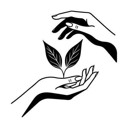Silhouette of hands and leaf icon. A minimalist emblem of hands around a sprouting leaf. Concept of environmental care and growth.のイラスト素材