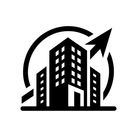 Urban growth and expansion icon. Icon of skyscrapers with an upward arrow. Concepts of urban development, economic growth, and real estate progressのイラスト素材