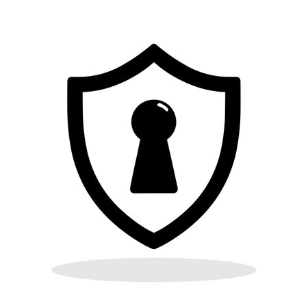 Security shield icon. Black silhouette of a shield featuring a central keyhole. Symbol of protection, privacy, and security. Vector illustrationのイラスト素材