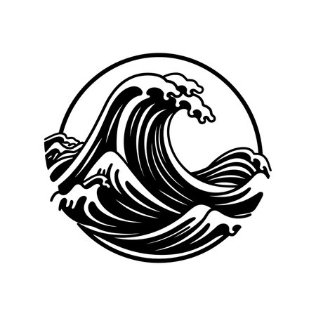 Sea wave icon. Black and white image of a wave within a circular frame. Vector illustrationのイラスト素材