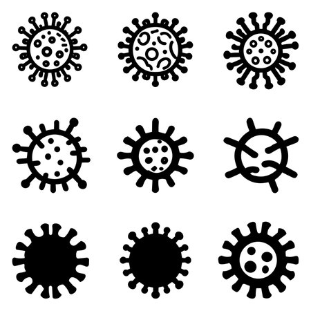 Virus icons set. Black symbols of virus particles with a spikes. Different types of viruses or stages of mutationのイラスト素材