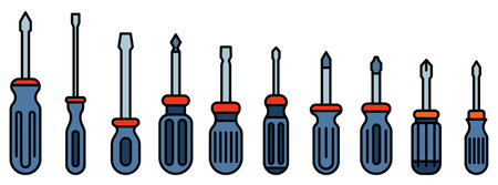 Screwdriver icons set. Collection of various screwdrivers in flat design. Vector illustrationのイラスト素材