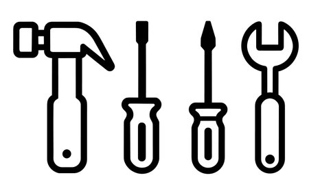 Hand tools icons set. Black linear icons of hand tools, including a hammer, two types of screwdrivers and a wrench. Vector illustrationのイラスト素材