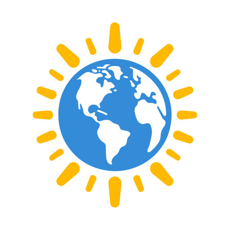 Blue globe with yellow sun rays on a white background. Global warming or climate change concept. Vector illustrationのイラスト素材