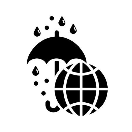 Umbrella protecting globe Earth. Black icon in flat design. Vector illustrationのイラスト素材