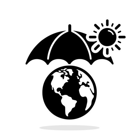 Umbrella protecting globe Earth. Black icon in flat design. Global warming concept. Vector illustrationのイラスト素材
