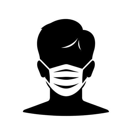 Man in mask icon. Black silhouette of person with medical mask covering the nose and mouth. Vector illustration.のイラスト素材