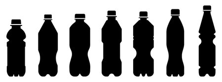 Bottle icon. Set of silhouettes of various plastic bottles isolated on a white background. Various shapes and sizes for liquid packagingのイラスト素材