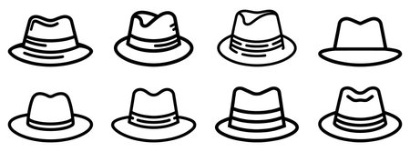 Fedora hat icon. Collection of line art drawings of various fedora hats. Black icons of male classic hats. Vector illustrationのイラスト素材