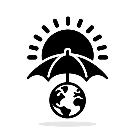 Umbrella protecting globe Earth. Black icon in flat design. Global warming concept. Vector illustrationのイラスト素材