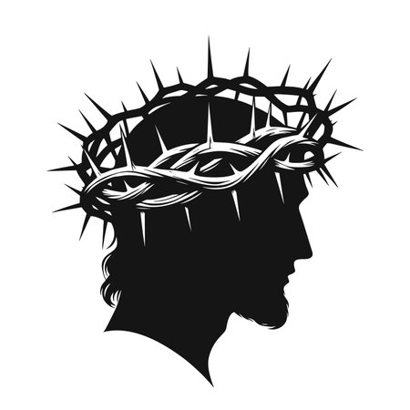 The face of Jesus Christ in a crown of thorns. Jesus with crown of thorns. Jesus in a wreath. Vector illustrationのイラスト素材