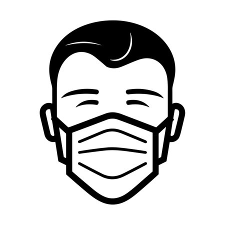 Man in medical mask. Medical mask icon. Black and white icon of man face with mask.のイラスト素材