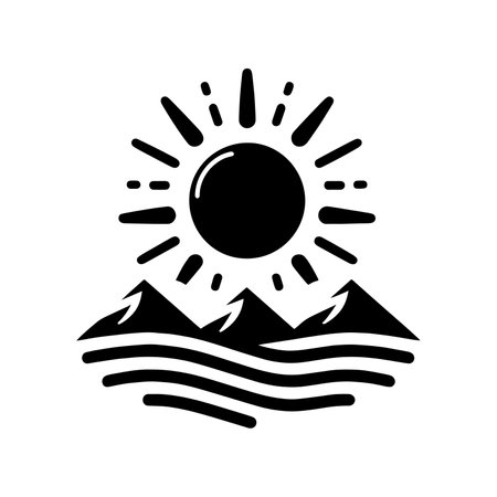Sunrise black icon. Sunrise or sunset icon on mountains background. Vector illustrationのイラスト素材