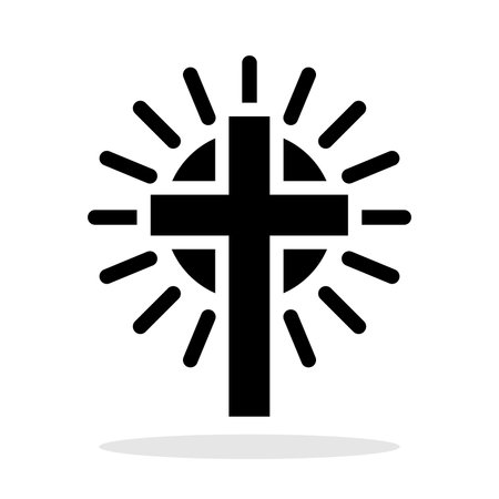 Christian cross icon. Black symbol of Christian cross with sun rays. Religious symbol. Vector illustration.のイラスト素材
