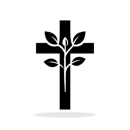 Christian cross icon. Black symbol of Christian cross with plant and leaves. Religious symbol. Vector illustration.のイラスト素材