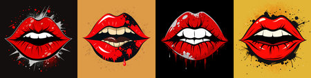 Grunge female lips. Abstract red grunge lips showing teeth. Open mouth. Vector illustrationのイラスト素材