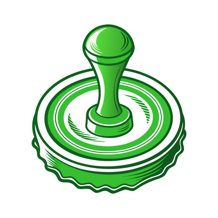 Green stamp pad with wooden handle standing on white background is making an imprint. Approved concept. Vector illustrationのイラスト素材
