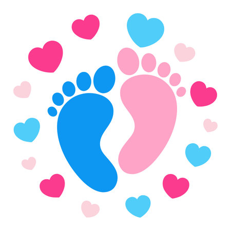 Foot prints icon. Pink and blue baby footprints icon with heart shape, isolated on white background. Vector illustrationのイラスト素材