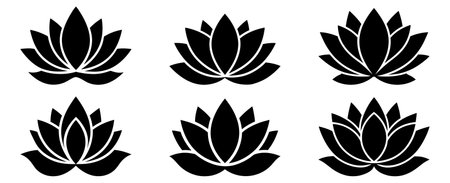 Lotus flower icon. Set of drawn lotus flowers isolated on white background. Black flowers. Vector illustrationのイラスト素材
