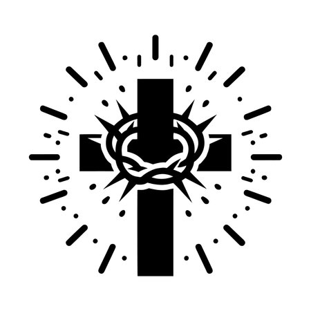 Christian cross with crown of thorns icon. Black silhouette of a Christian cross. Crucifixion of Jesus Christ. Vector illustrationのイラスト素材