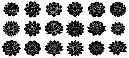 Flower icon. Set of black flowers isolated on white background. Flower symbols. Vector illustrationのイラスト素材