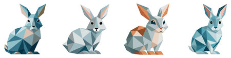 Set of abstract polygonal rabbits. Linear geometric polygonal rabbits. Cute rabbit in low triangular style. Vector illustration.のイラスト素材