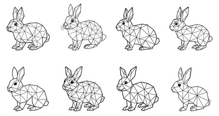 Set of abstract polygonal rabbits. Linear geometric polygonal rabbits. Cute rabbit in low triangular style. Vector illustration.のイラスト素材