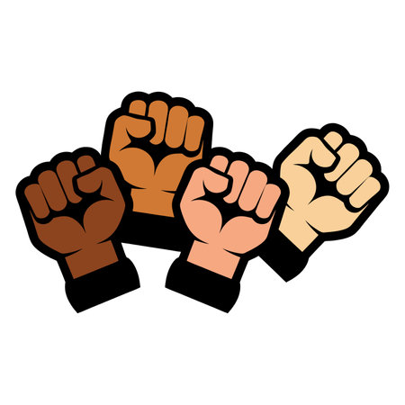 Protest fists. People protesting for human rights, equality anti-discrimination movement. Clenched fists raised up. Gym logo. Vector illustration.のイラスト素材