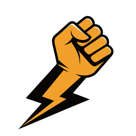 Protest fist with lightning. People protesting for human rights, equality anti-discrimination movement. Clenched fist raised up. Gym logo. Vector illustration.のイラスト素材