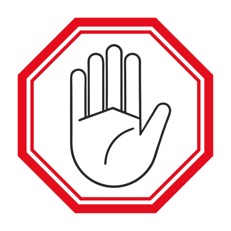 Stop hand icon. Stop or ban red round sign with hand icon. Vector illustration. Forbidden sign. Touch with hands is prohibitedのイラスト素材