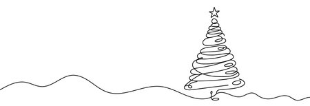 Continuous linear drawing of Christmas tree. One line drawing Christmas tree. Christmas tree in one line style. Vector illustration.のイラスト素材