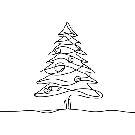 Continuous linear drawing of Christmas tree. One line drawing Christmas tree. Christmas tree in one line style. Vector illustration.のイラスト素材