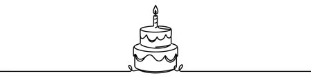 Minimalist illustration representing a cake with candle and festive decorations made with one continuous lineのイラスト素材
