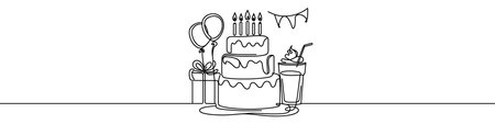 Minimalist illustration representing a cake with candle and festive decorations made with one continuous lineのイラスト素材