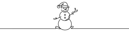 Continuous line art drawing a smiling snowman on snowy hills for a winter holiday designのイラスト素材