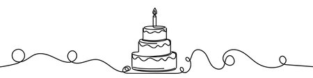 Minimalist illustration representing a cake with candle and festive decorations made with one continuous lineのイラスト素材