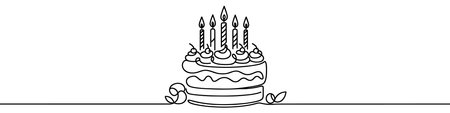 Minimalist illustration representing a cake with candle and festive decorations made with one continuous lineのイラスト素材