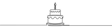 Minimalist illustration representing a cake with candle and festive decorations made with one continuous lineのイラスト素材