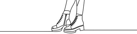 One continuous line illustration of female feet in boots, isolated on white background. This is a one line art of female feet in bootsのイラスト素材