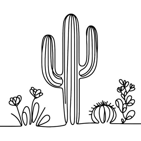 One continuous line illustration of a cactus, isolated on white background. Line art of a cactus. Vector illustration.のイラスト素材