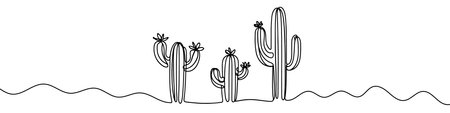 One continuous line illustration of a cactus, isolated on white background. Line art of a cactusのイラスト素材